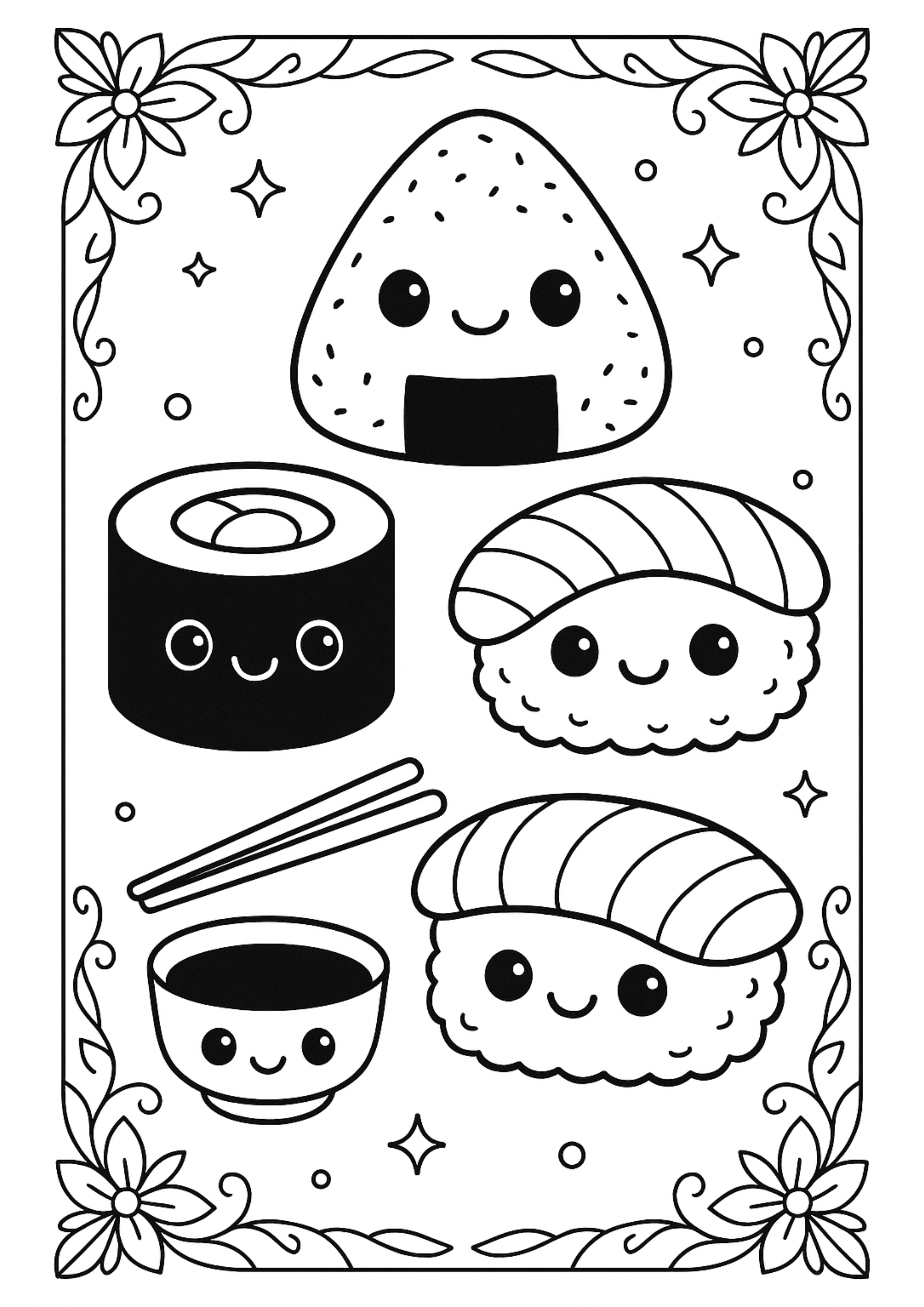Kawaii Food & Sushi – Libro da Colorare per Bambini (Formato eBook PDF)